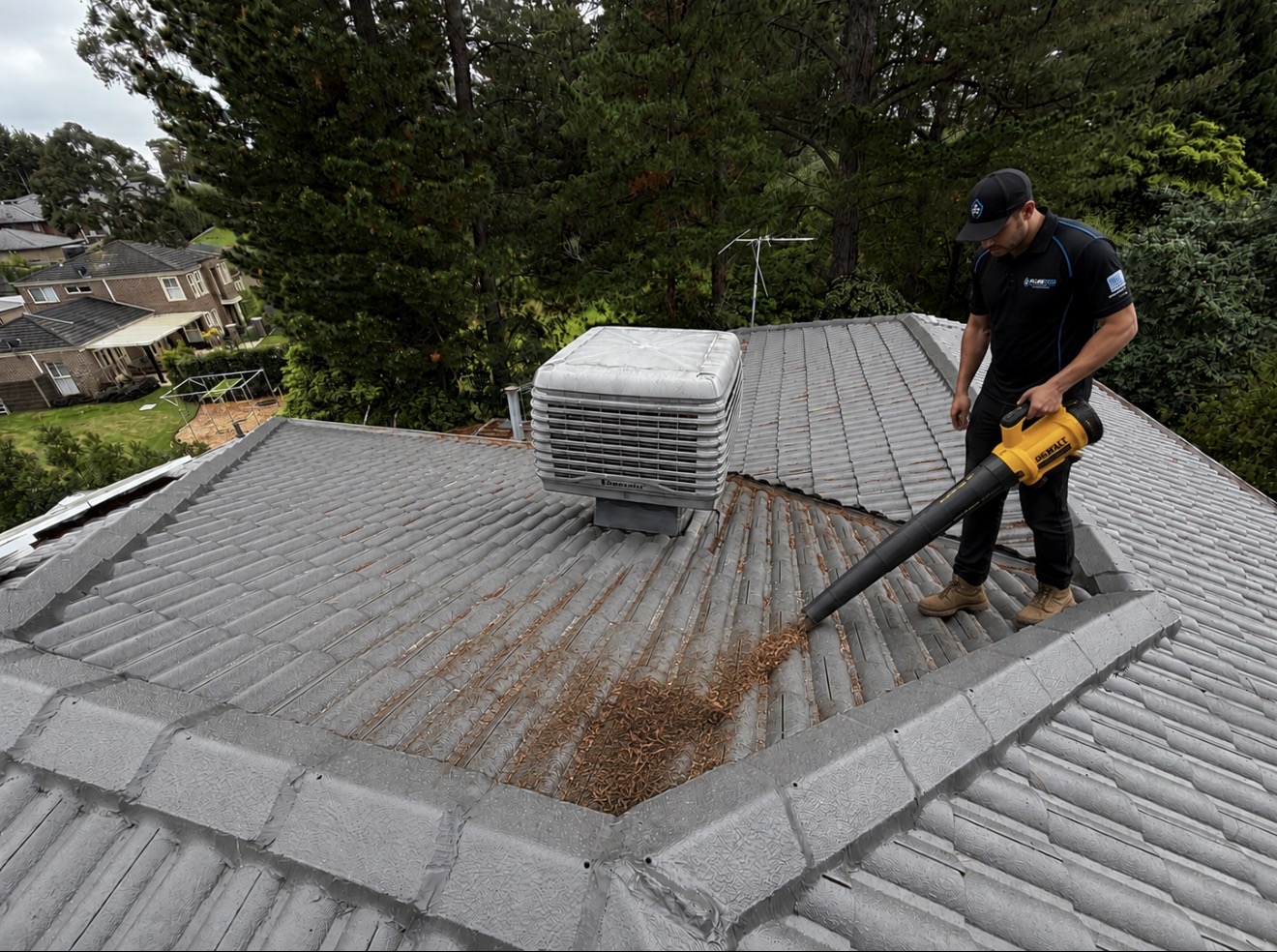 Plumbtech roofer blowing debris off a tile roof in Melbourne