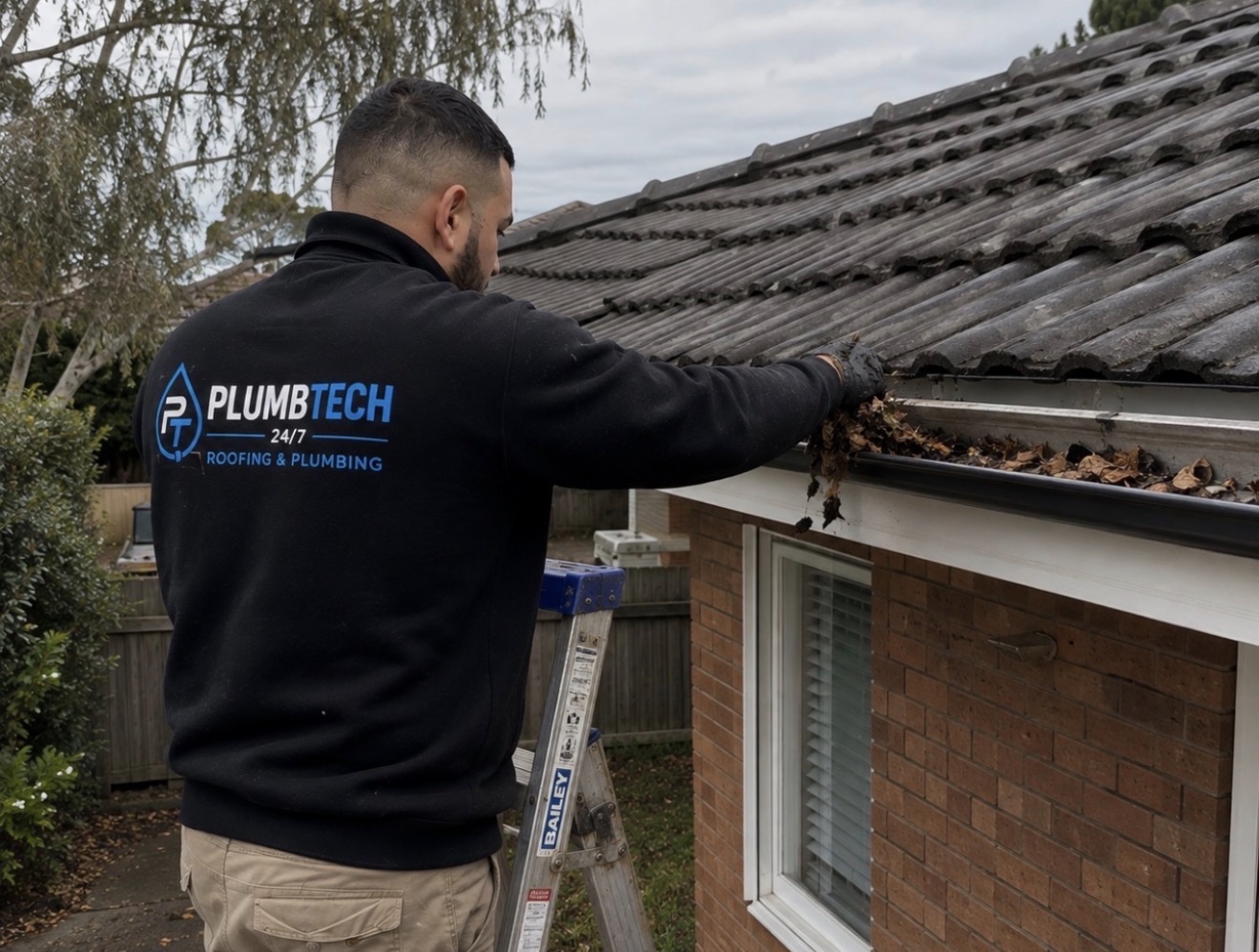 Plumbtech roofer clearing leaves from a gutter on a tiled roof